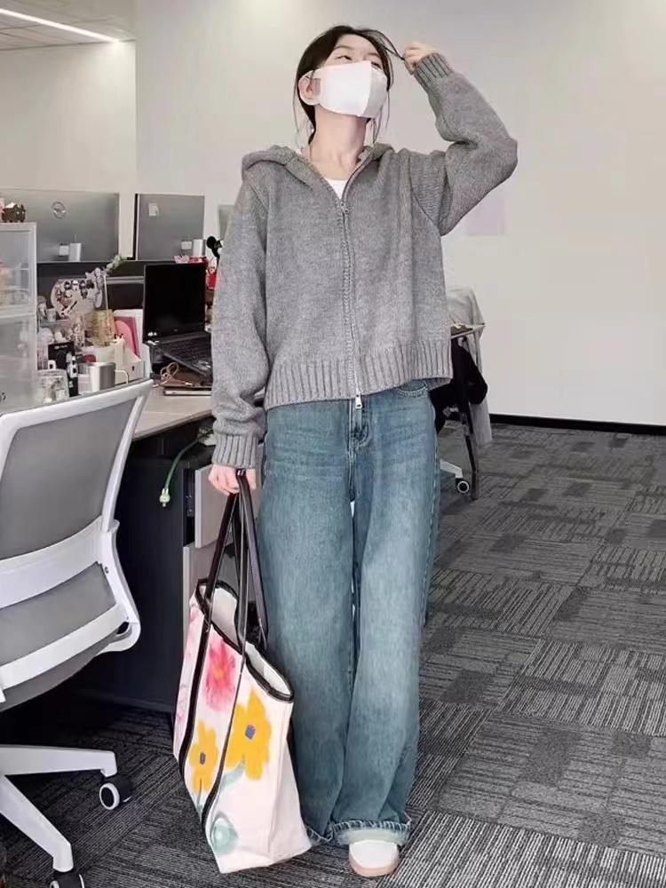 

Серый модный свитер с капюшоном и двойной молнией, верхняя одежда для женщин, ранняя осень 2024 г., новый ретро-кардиган свободного кроя 2XL серый