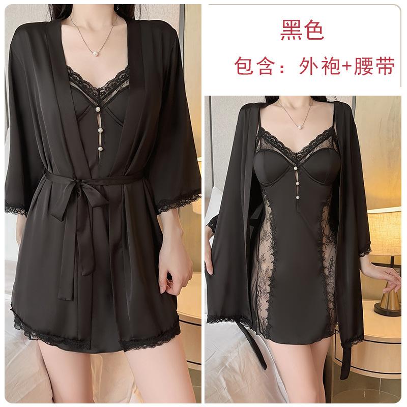 

Deep V plus chest pad underwear sexy temptation sweet smooth satin nightdress robe home set one size fits all
