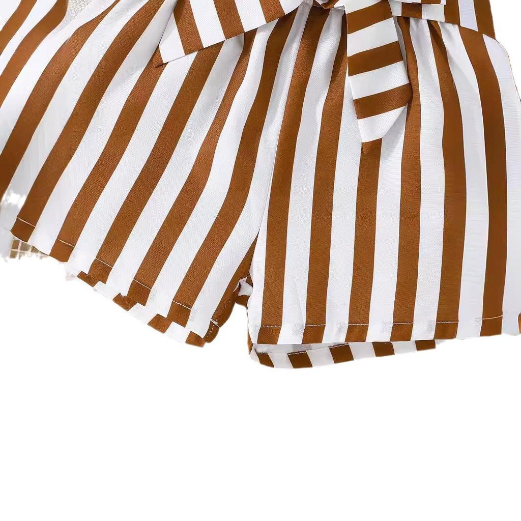 Tops Round Neck Sleeveless Shirt + Vertical Strips Stitching Shorts Casual Baby Clothes