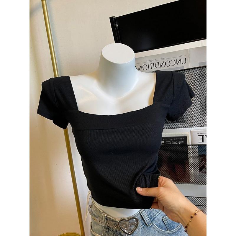 Women's Elegant Square Neck Ribbed Short Sleeve Cropped Blouse