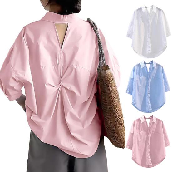 

Женская летняя однобортная рубашка с лацканами и половиной рукава, дизайн с полым узлом сзади, однотонный свободный крой S белый