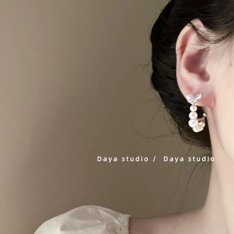 New Trendy 111 Silver Needle Zircon Butterfly Stud Earrings Women, Temperament Design Sense Fringed Pearl Earrings Cold Wind Earrings