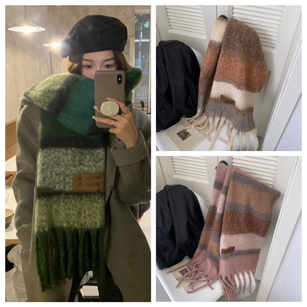 Korean Style Women's Cashmere Shawl Thickened Winter Scarves Fashion Knitted Stripe Scarf  Girls