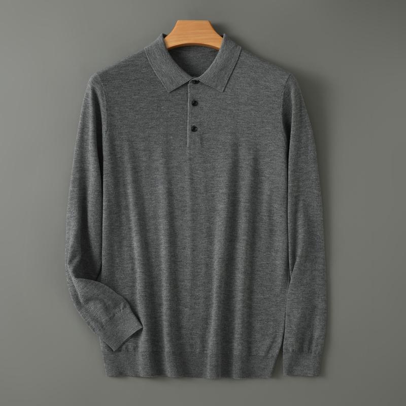 High Quality Worsted Spun Collar Wool Sweater Men's Spring and Autumn Business Polo Sweater Thin Long Sleeved Knitted T-Shirt