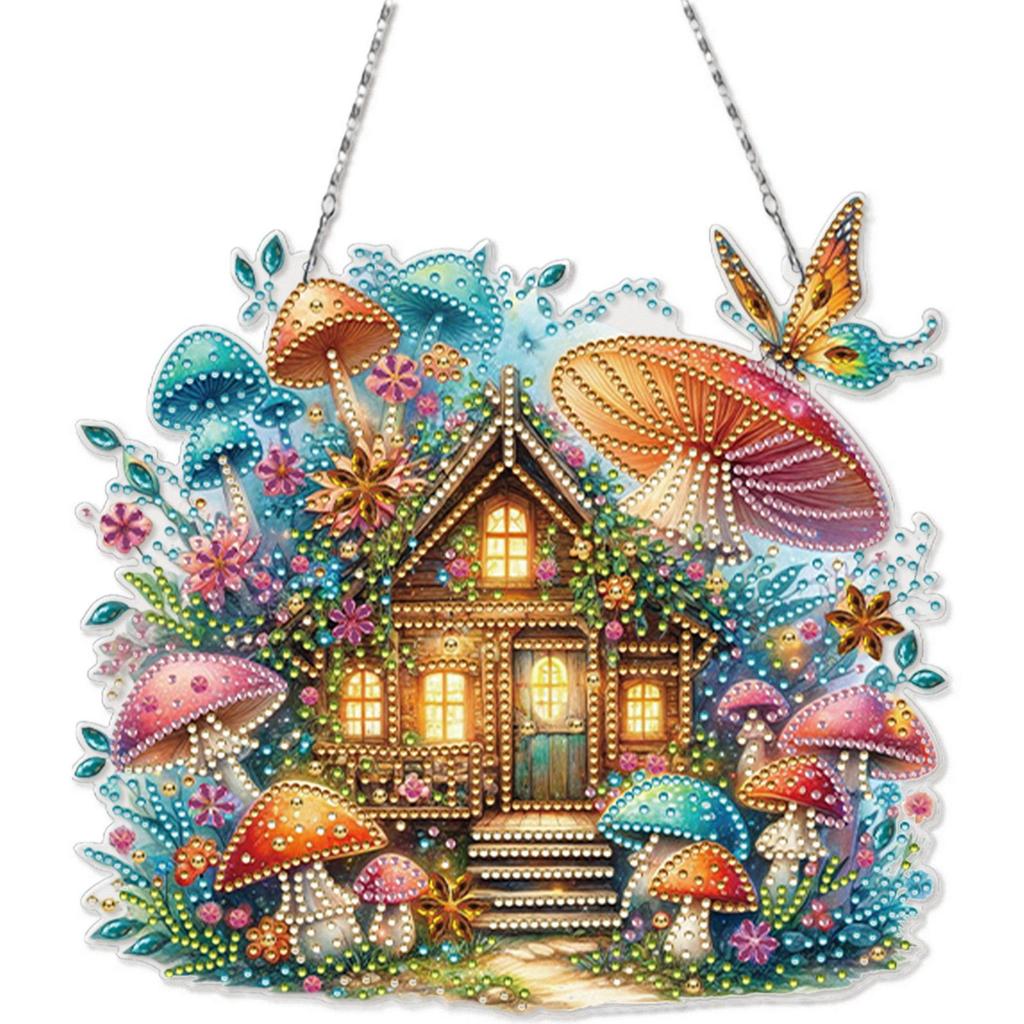 Acrylic Special Shape Mushroom Hut Rhinestone Diamond Art Pendants DIY Diamond Art Pendant Kit Diamond Painting Hanging Pendant