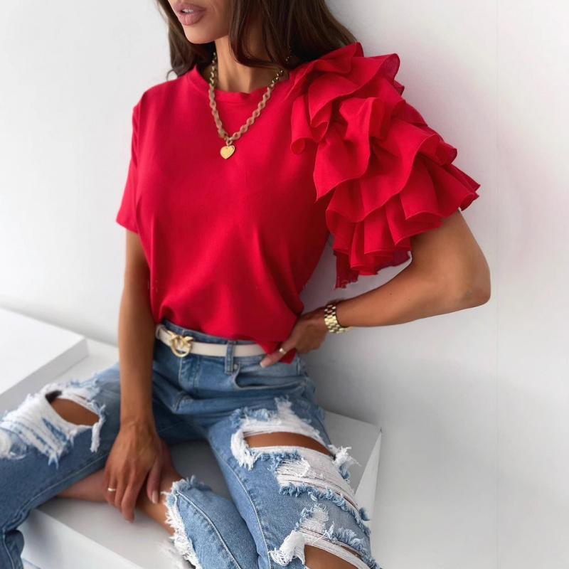T-shirt da donna 2026 Estate Manica Corta con Volant Girocollo Semplice ed Elegante