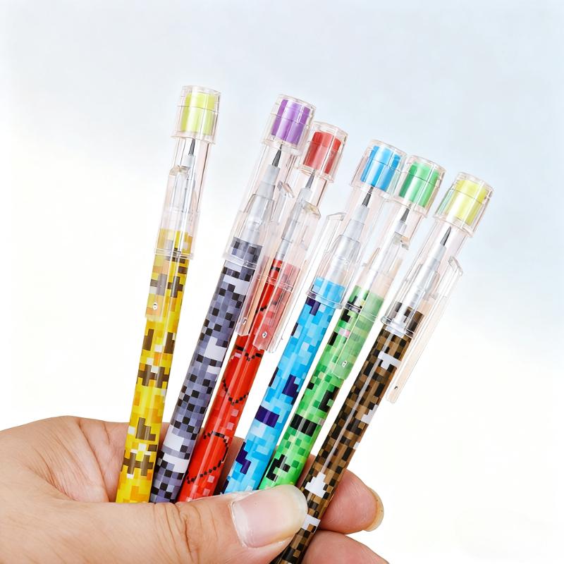 6 Unsharpened Mosaic Pencils: 9-section Break-resistant Barrel + Colorful Pixel Grip - Retractable Ink Tip, Smooth Writing