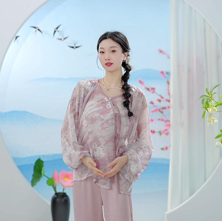 Chinesisches Klassisches Netz-Tanzkostüm für Damen - Langarm, Locker, Fließendes Übungs-Oberteil