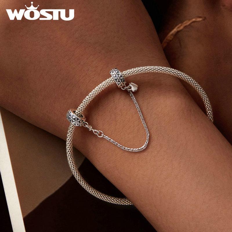 WOSTU 925 Sterling Silver Flower of Life Silicone Safety Chain Fit Original Bracelet DIY Necklace Jewelry Making Gift