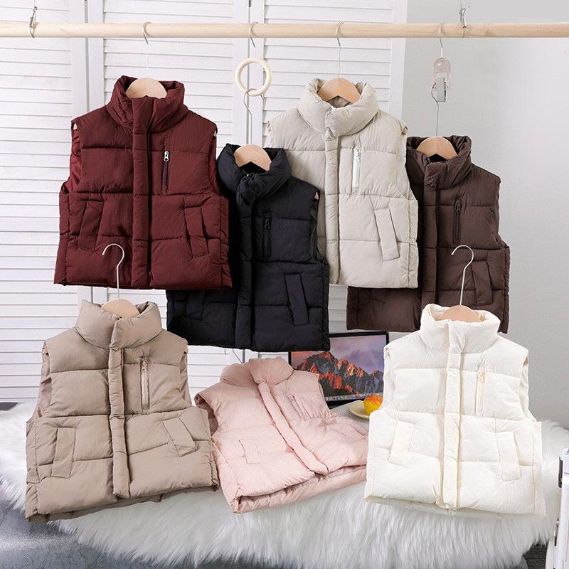 Children's Zippered Down Cotton Stand-up Collar Vests for Autumn and Winter, Solid-colored Vests for Boys and Girls
