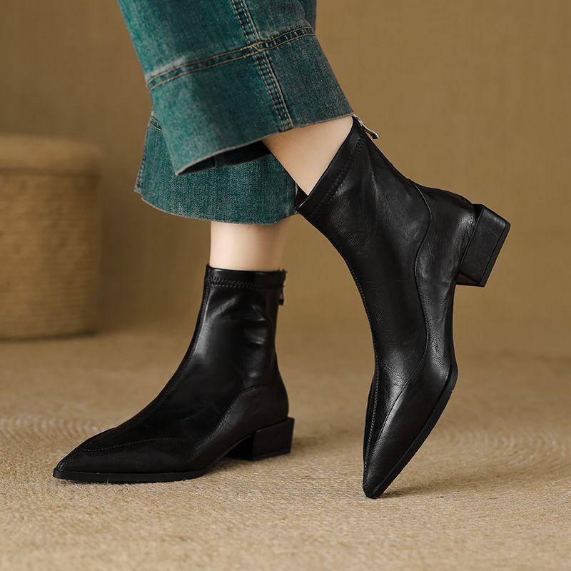 Design pointed fashion thin boots year casual single shoes commuting niche thick heel short boots
