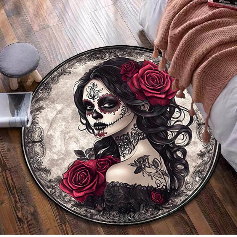 1Pc Day of the Dead Skull Circular Print Rug - Home Decoration Carpet For Living Room Bedroom Flooring Computer Chair Area Rug