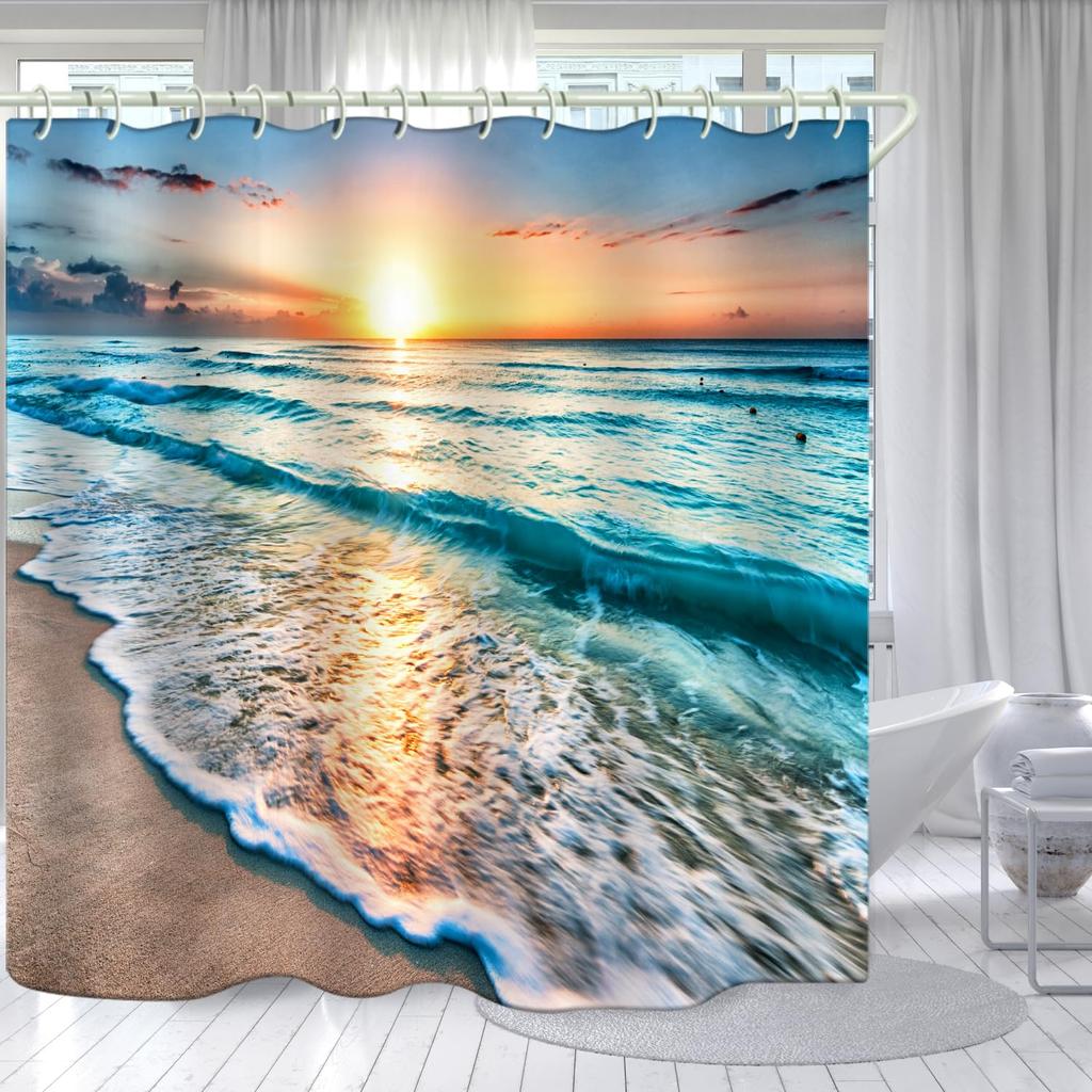 Beach Ocean Theme Shower Curtain for Bathroom Sunrise Sunset View Scene Hawaii Seashore Summer Coastal Seaside Seascape Decor