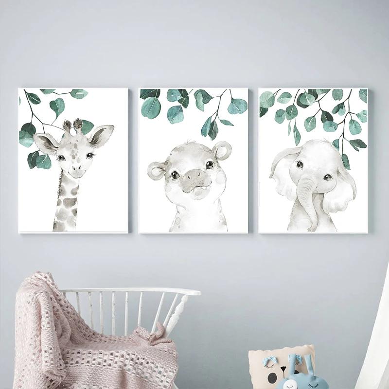 Safari Baby Animals Canvas Poster Nursery Zebra Giraffe Wall Art Print Eucalyptus Animal Painting Nordic Kid Bedroom Pictures