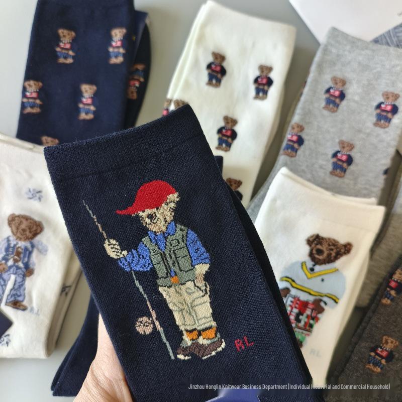 Trendy Little Bear Mid-Calf Women's Cotton Socks for Spring and Autumn