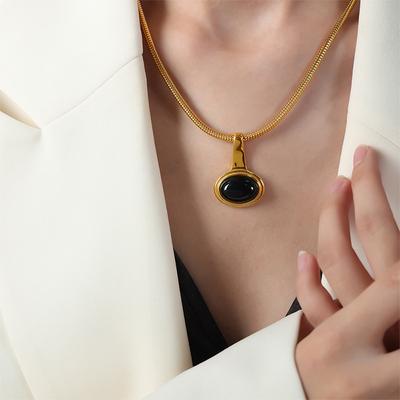 Oval Black Onyx Pendant Necklace For Women Stainless Steel Warerproof Gold Silver Color Neck Chain Necklaces Woman Party Jewelry
