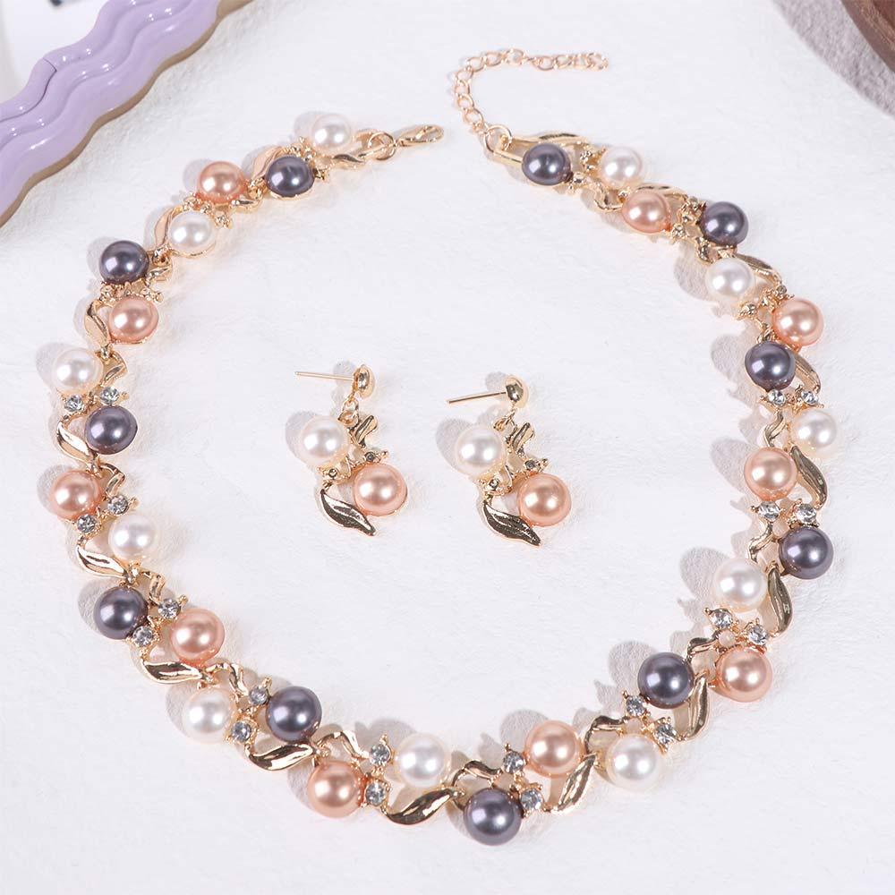 Leaf Pearl Necklace Elegant Necklace Earrings Set Luxury Colorful Pearl Necklace  Party