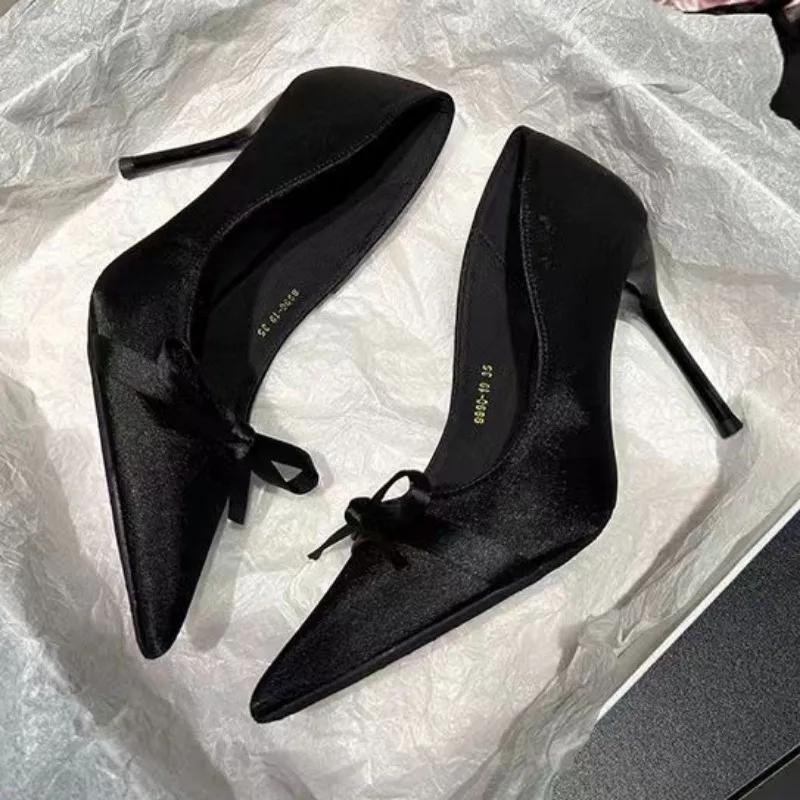 Women's Fashion Slim Heel Shoes Spring New Pointed Head Shallow Mouth Butterfly Knot Anti-slip Wear-resistant High Heels