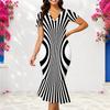 Women Plus Size V Neck Short Sleeve Black White Printed Fishtail Dress