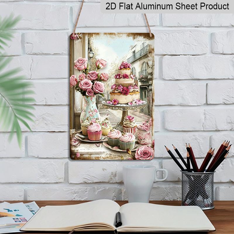 2D Flat, 1pc Vintage Metal Wall Art with Pink Roses, Cupcakes & Elegant Cake - 8x12 Inch Aluminum Kitchen Dining Room Decor Suitable for Cafe, Bar