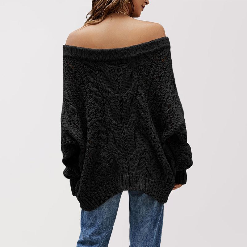 GMXIA Autumn and Winter Off-the-shoulder Large Loose Knitted Sweater, One-neck Solid Color Pullover Sweater for Women