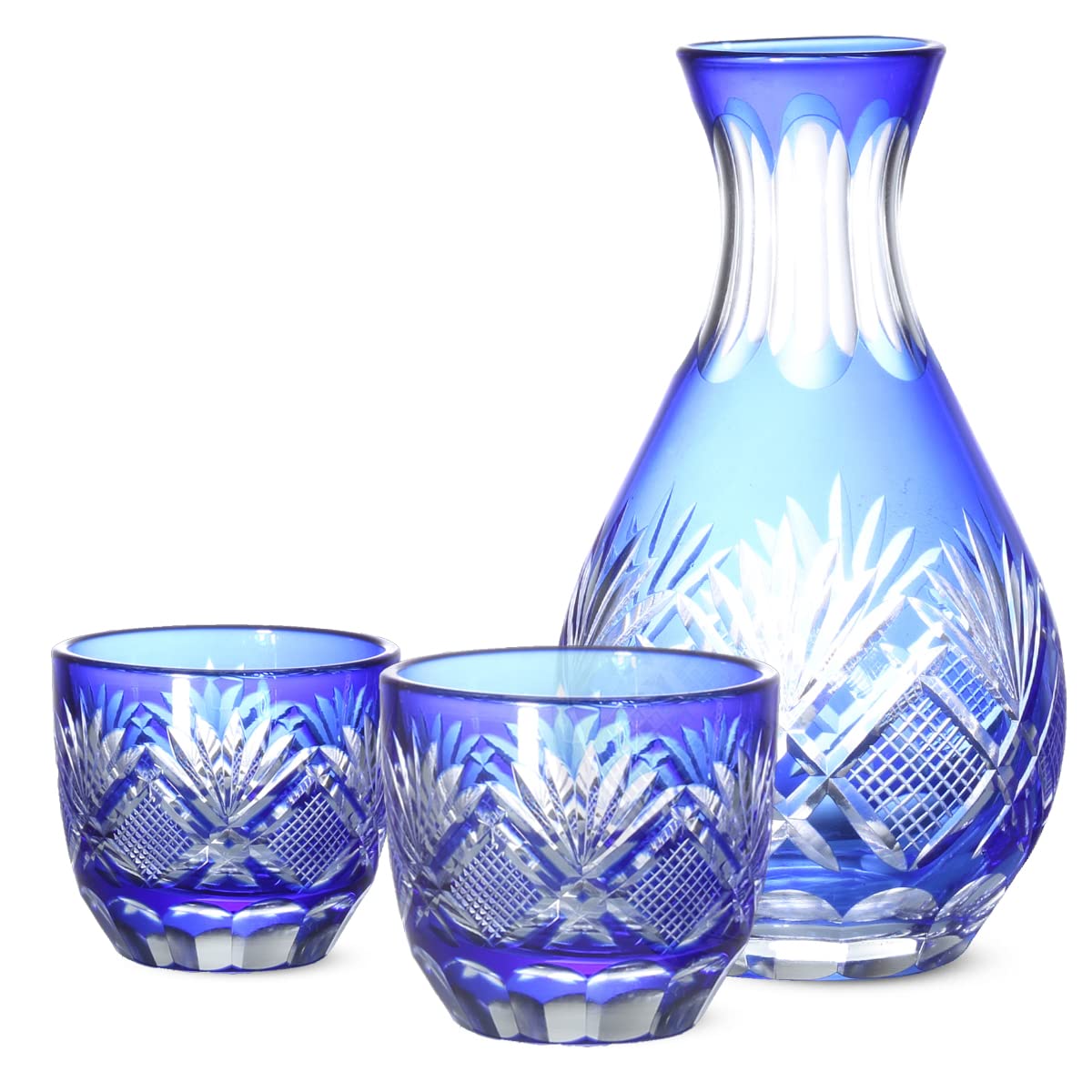 

Retro Kiriko Glass Cups for Sake of 2 Sake 1 Hana to Ya and Current Model J-kitchens (Set Cups, Tokkuri) - (Flower Arrow) Blue,