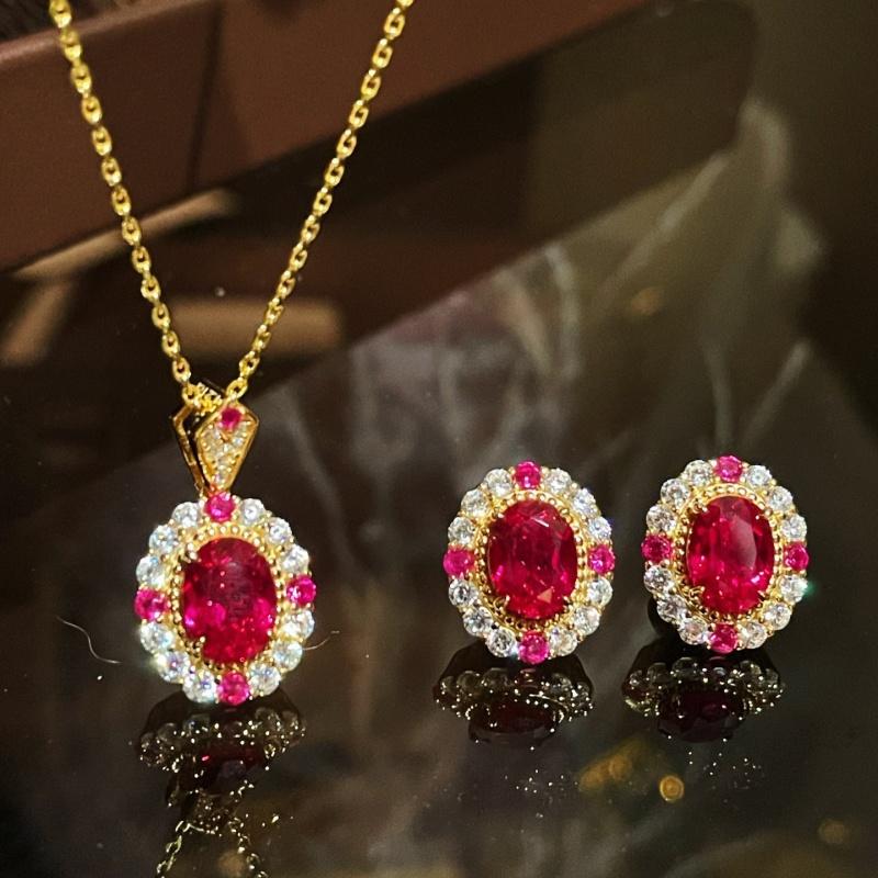 S925 Silver Plated with 18K Gold Empress Series Pigeon Egg Red Gemstone Stud Earrings