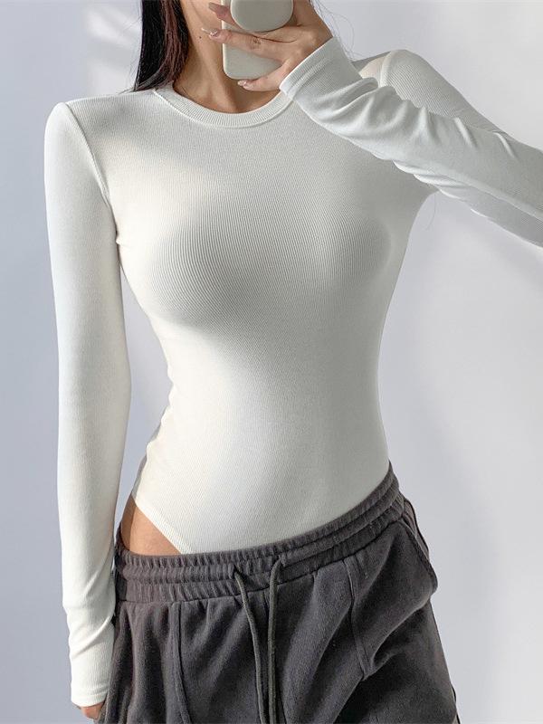 Würziges Mädchen Enganliegender Langarm-Bodysuit mit Rundhalsausschnitt: Damen Plüsch, Eng, Sexy, Basic Unterhemd