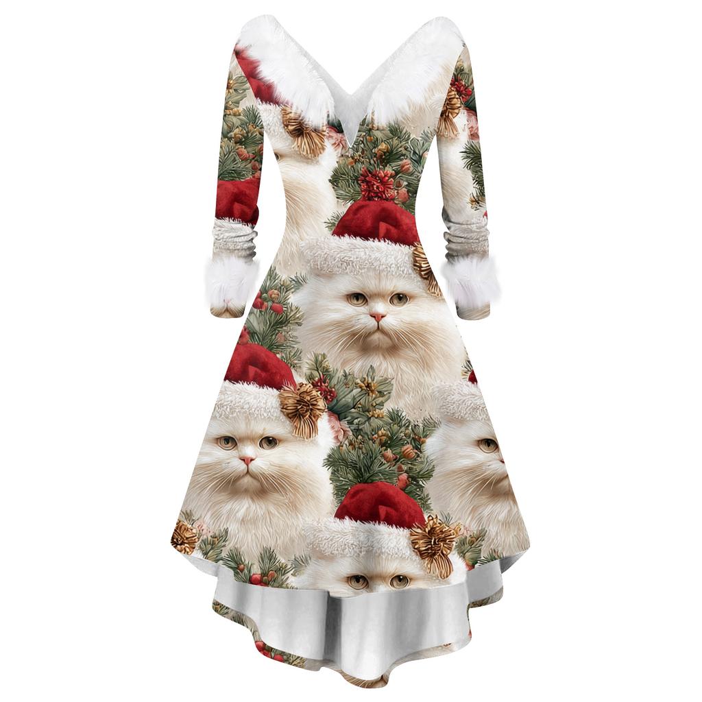 Dame Mote Casual V-hals Juleprint Langermet Kjole