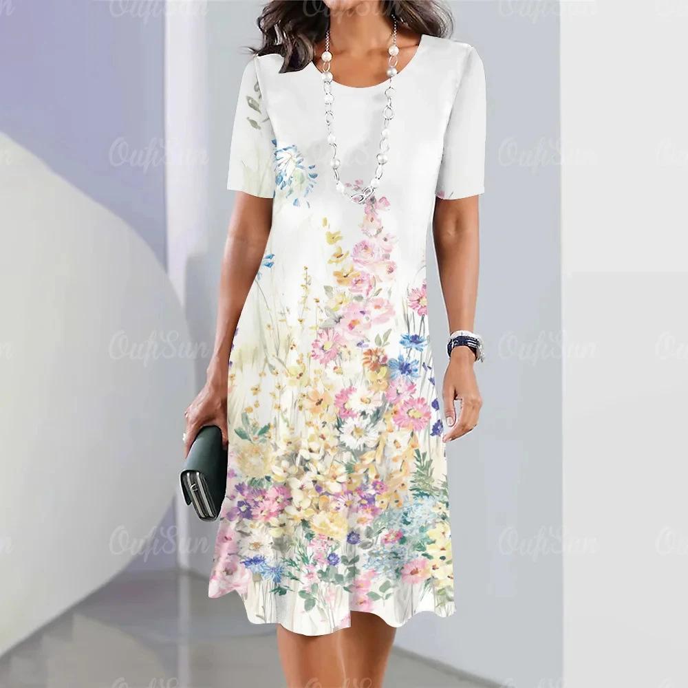 Elegant Summer Color Block Short Sleeve 3D Floral Maxi Dress with Cinched Waist and Round Neck