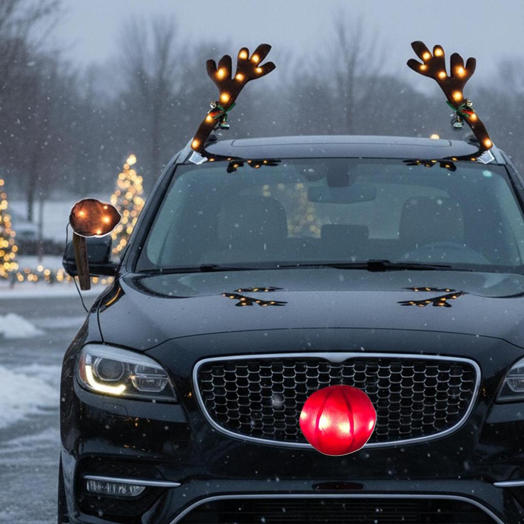 Christmas Reindeer Antlers Car Kit Holiday Decoration With LED Lights Reindeer Car Kit For Holiday Van Party Seasonal