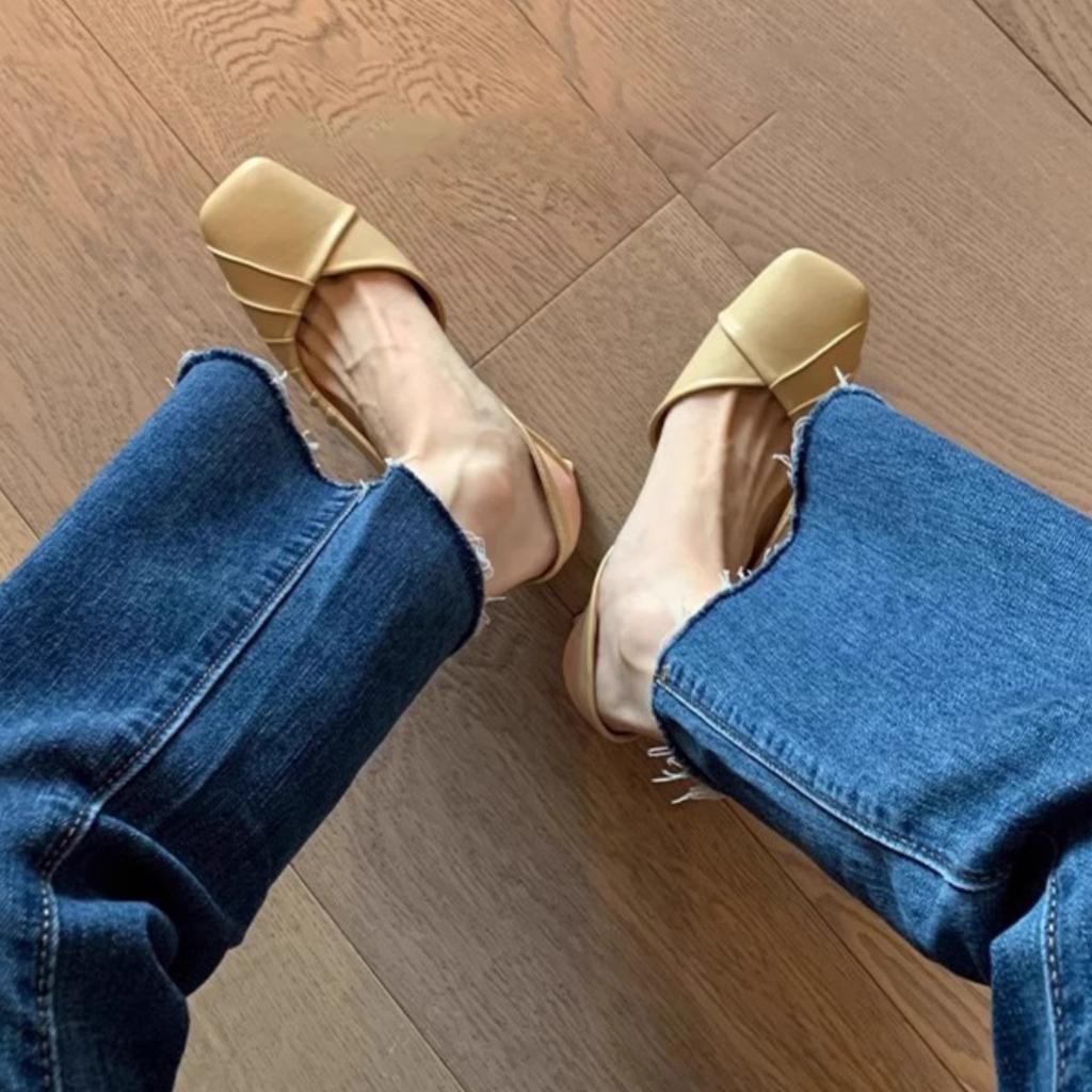 Sheepskin version! French retro square head Mary Jane shoes women's Korean version pleated bag head sandals thick heel empty single shoes