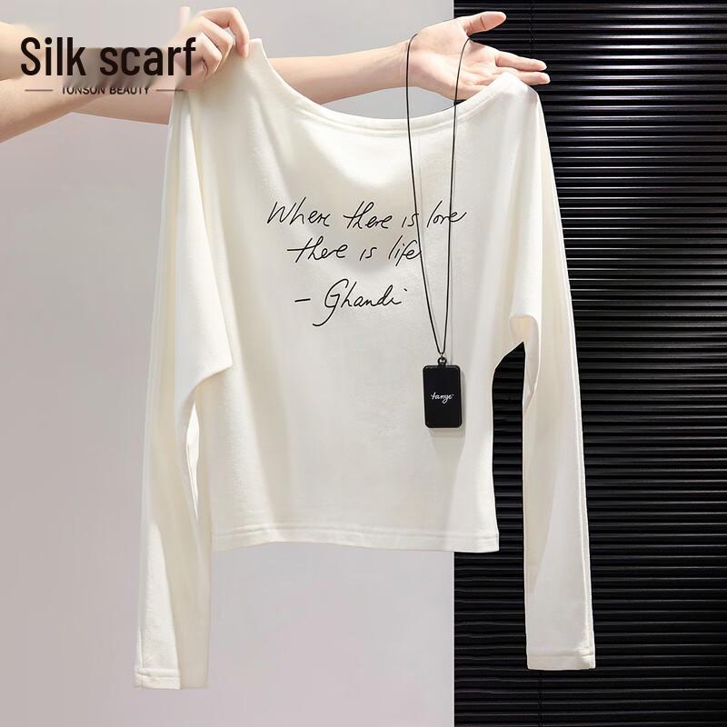 Women s Letter Print Round Neck Long Sleeve Top M