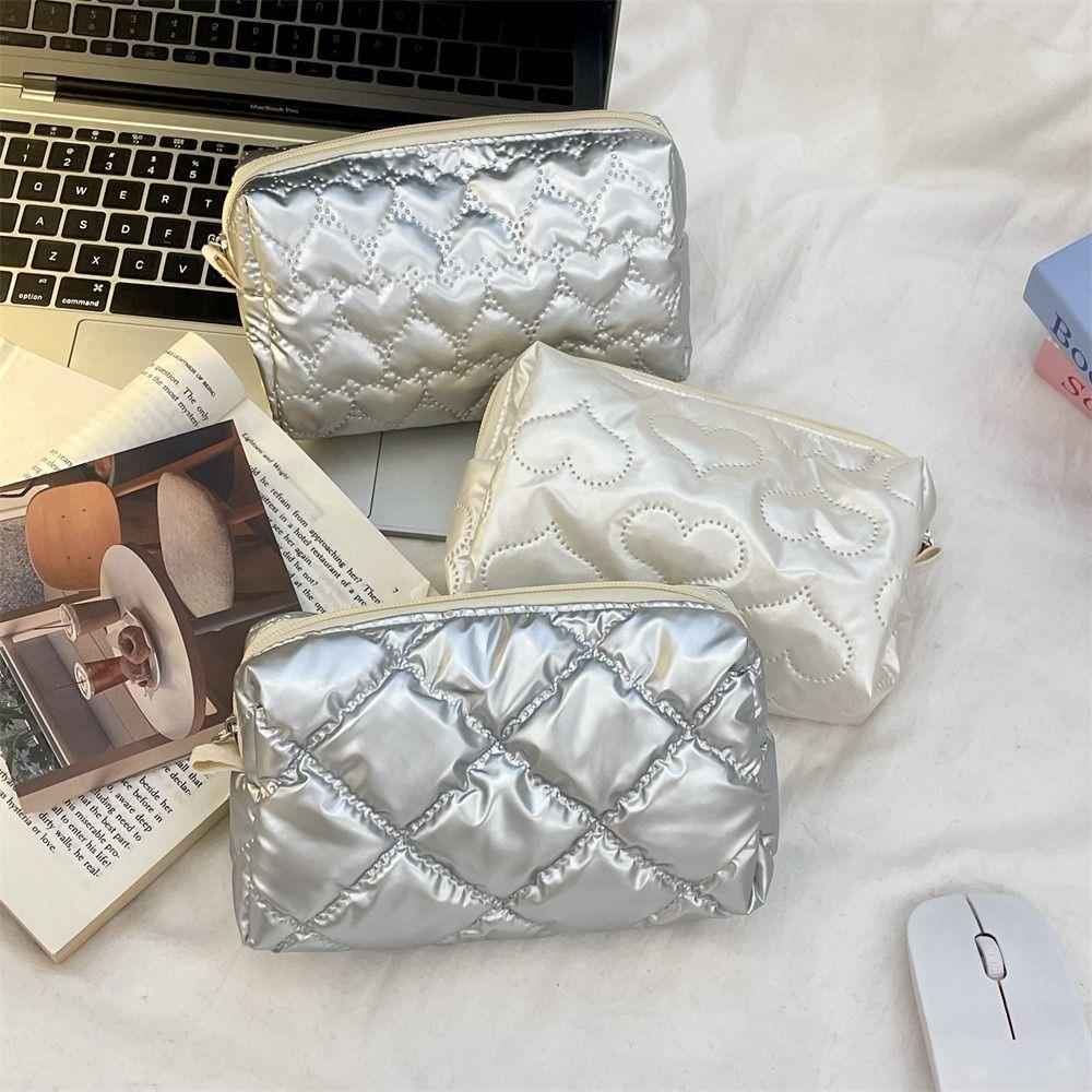 Korean Style Silver Cosmetic Bag Bow Small Item Bag Creative Stuffed Cotton Storage Bag Women