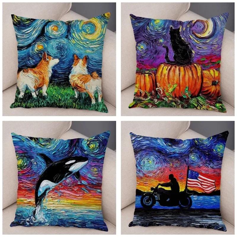 Colorful Pet Shepherd Dog Cushion Cover Pillow Case Pillow Covers Decor Oil Painting Cartoon Animal  Pillowcase 45x45