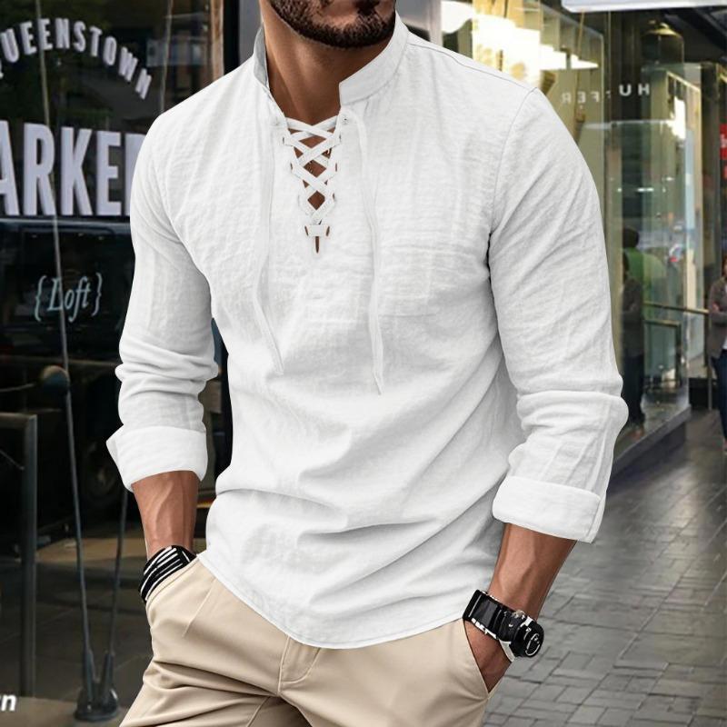 Men Stand Collar Lace Up Long Sleeve Linen Shirt Casual Loose Breathable Daily Beach Henley Tops S белый
