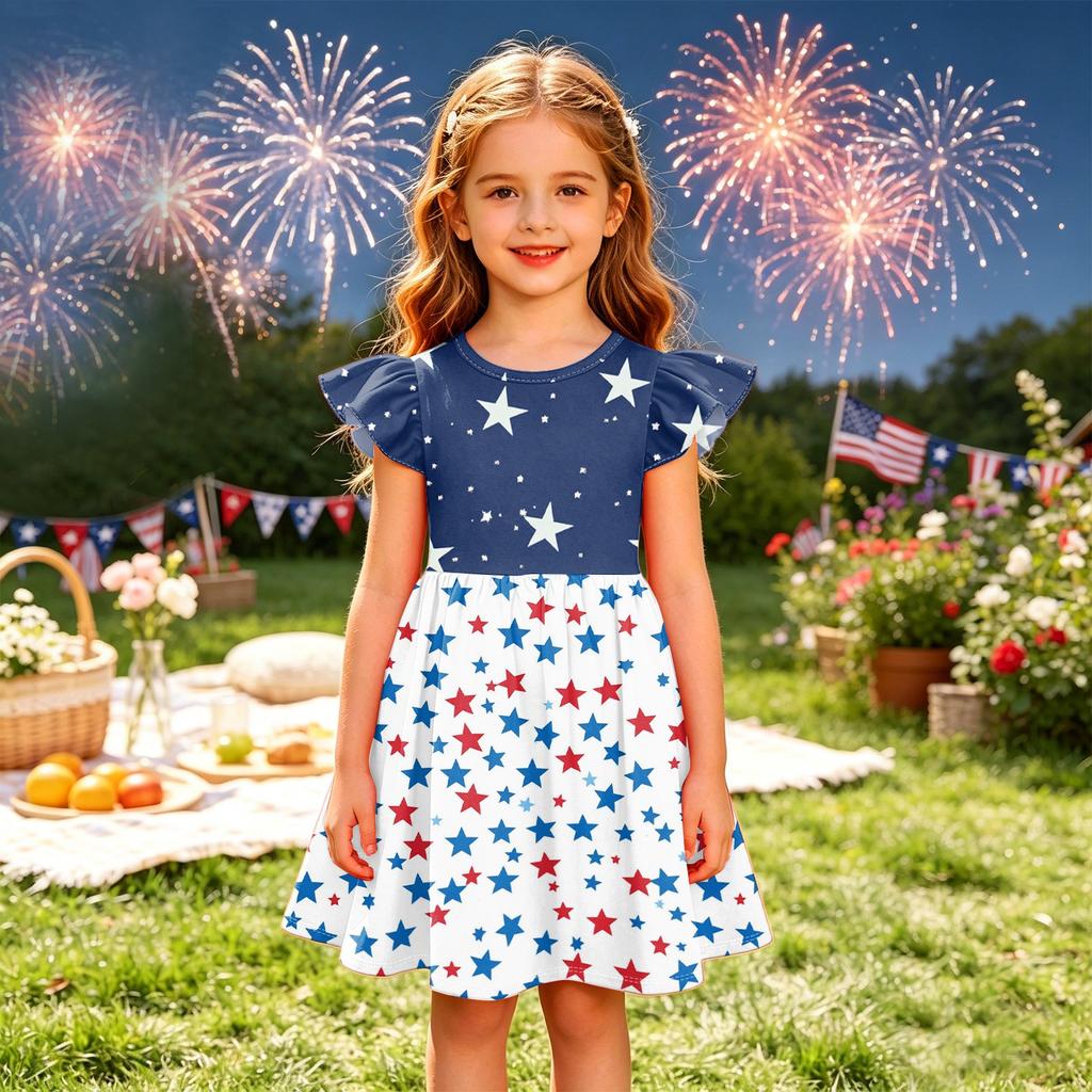 Girls' Summer Princess Dress - A-Line T-Shirt Dress Independence Day
