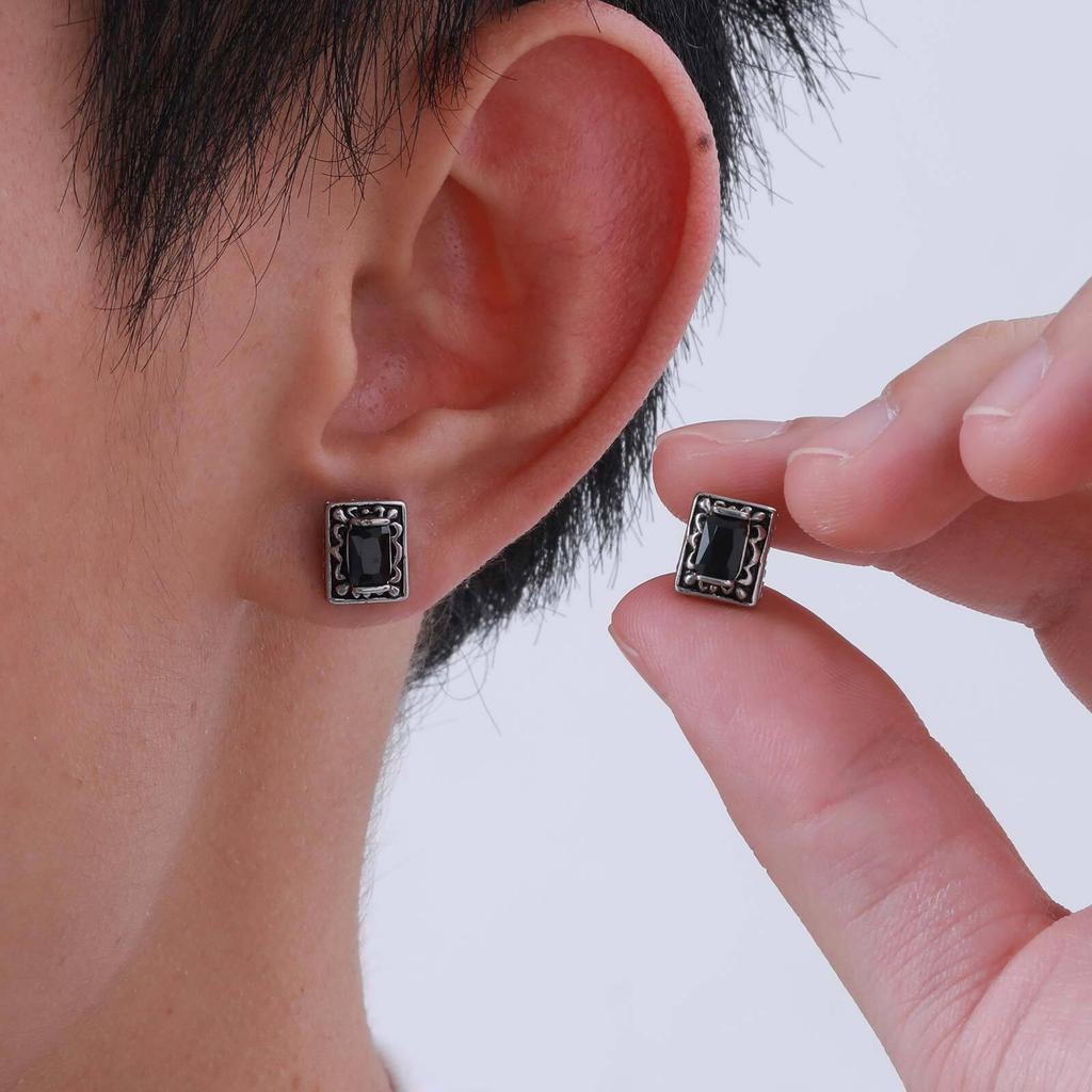 Vintage Black Zircon Stud Earrings for Men Boys,Stainless Steel Droplet Shaped Stone Ear Studs,Gothic Rock Punk Jewelry Gifts