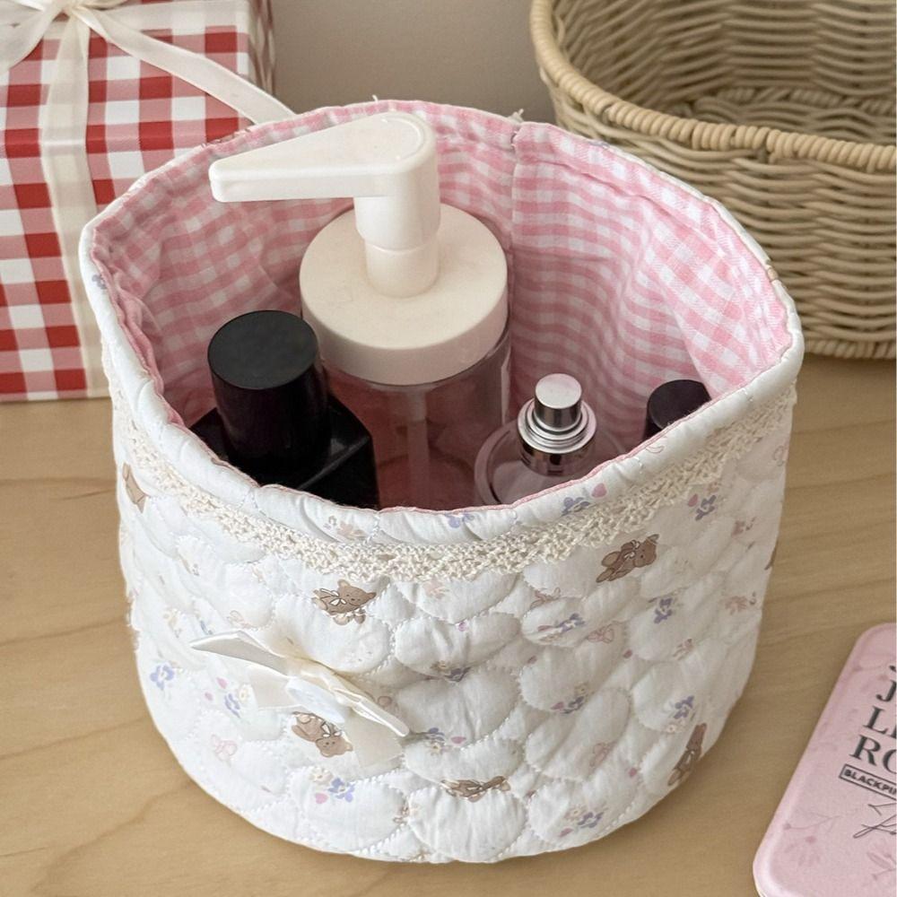 Sweet Bear Series Desktop Storage Basket Quilting Cotton Cylindrical Organizer Box Cartoon Large Capacity Storage Frame