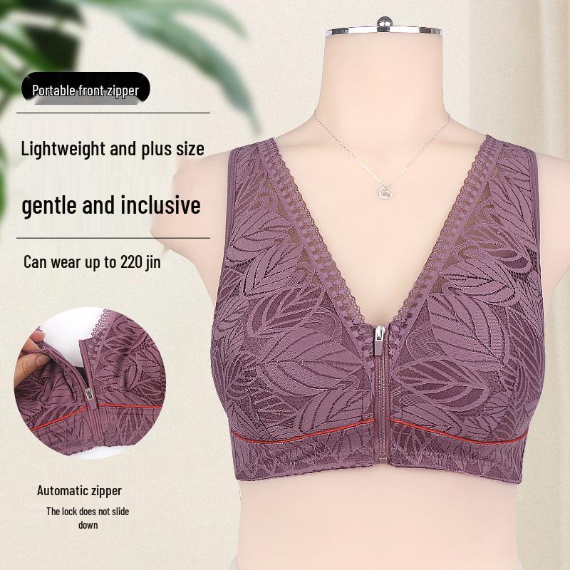 Podprsenka plus size se zipem vpředu a krajkou – Měkký bavlněný košíček pro ženy středního a staršího věku