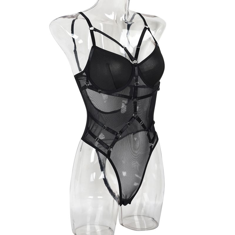 Transitional Sexy Black Transparent Mesh Temptation Jumpsuit Strap Nightclub Pole Dance Cosplay Can Be Unlocked