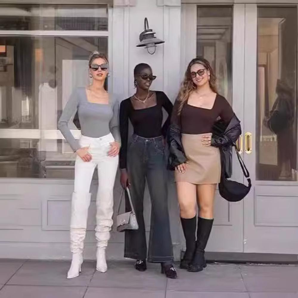 WTEMPO Womens Sexy Long Sleeve Shirts Square Neck Tops Dressy Casual Low Cut Fitted Bodysuits