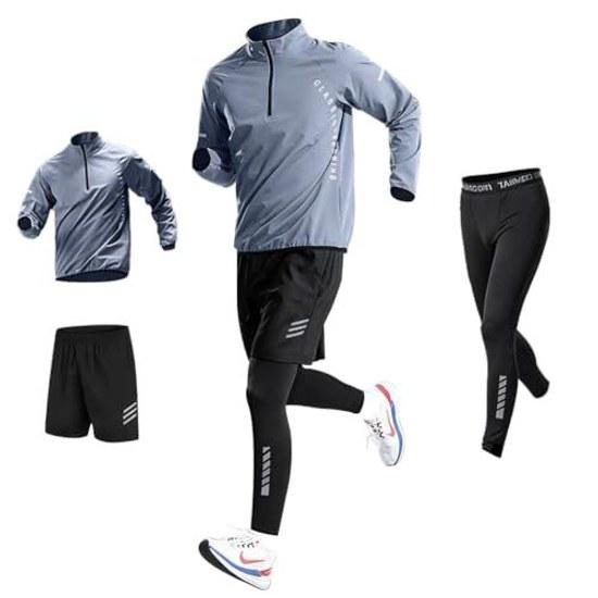 Ademe Compression Wear Mens Training All Season 1 Set OK 5-piece Half Zip Pullover Long Sleeve Short Shirt Pants Tights Moisture-wicking Quick-drying