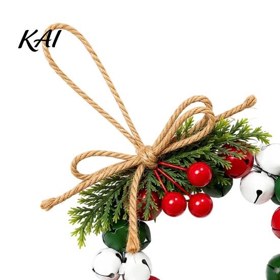 Decorative Bow Bells Mini Jingle Christmas Wreath, Rustic Metal Bell Hanging Wreath with Faux Pine Branch, Entryway Ritual Decor Red Berries And Jute