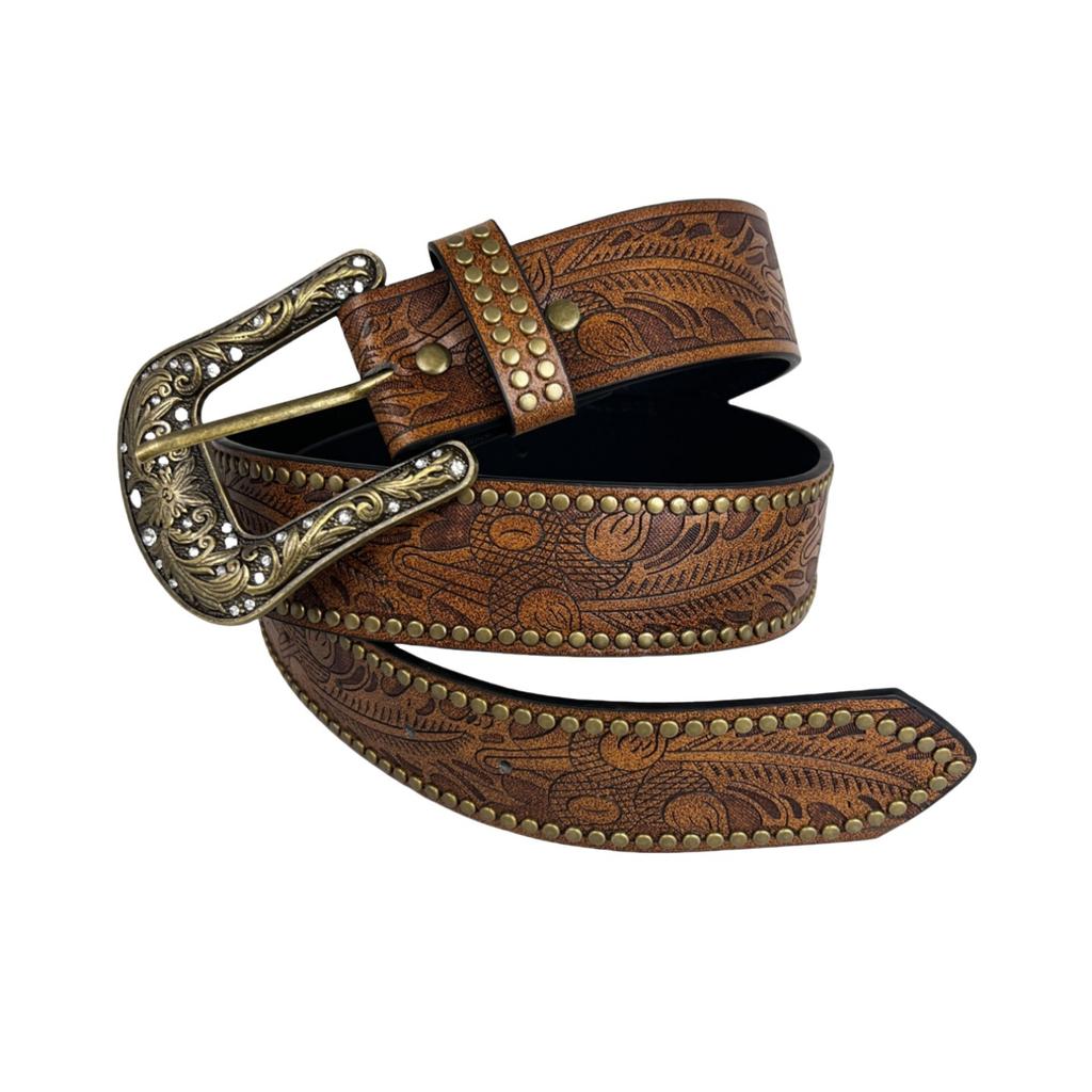 Western Denim Belt Buckle Sculpted Rhinestones Inlaid Vintage Embossed Rivets Punk Belt Simple Versatile Belt
