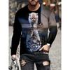 Round Neck 3D Cat Printed T-shirts Casual Long Sleeved Men's T-shirts - Soft Medium Stretch Polyester Fabric Spring and Autumn Relaxed Fit Clothing
