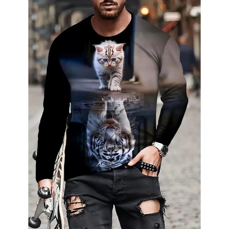 Round Neck 3D Cat Printed T-shirts Casual Long Sleeved Men's T-shirts - Soft Medium Stretch Polyester Fabric Spring and Autumn Relaxed Fit Clothing