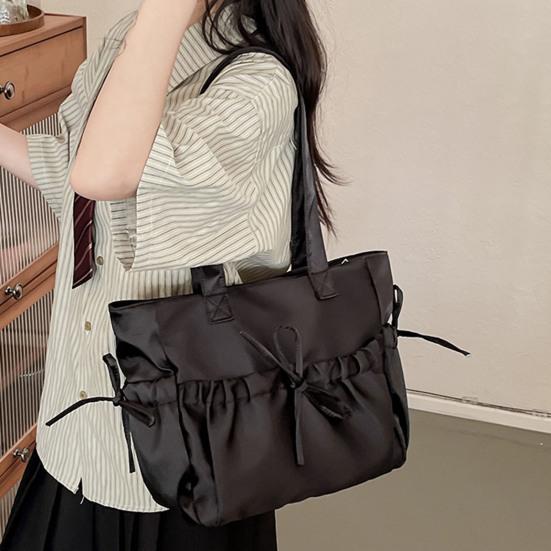 Women Wrinkled Shoulder Bag Glossy Tote Bag with Bows Large Capacity Handbag Purse for Daily Outings Street Commuting Parties Date