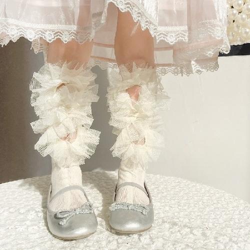 Girls Spring and Summer Lace Calf Socks Lolita Lace-up Bow Pink Girl Baby Pile Socks