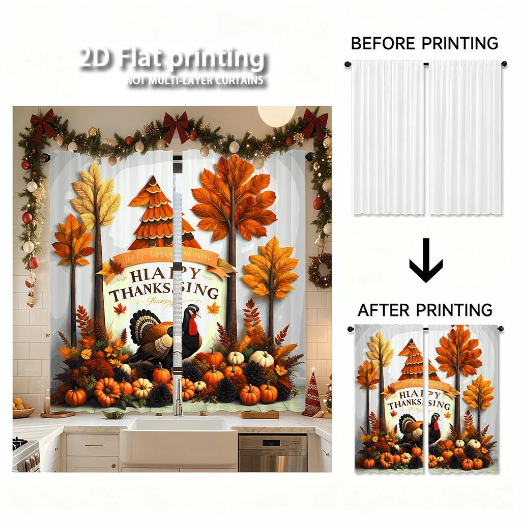 Piece Set High Definition Digital Printed Curtainsthanksgiving Autumn Colors Leaves Turkey Pumpkins Decorative Elementshome Curtain Polyester
